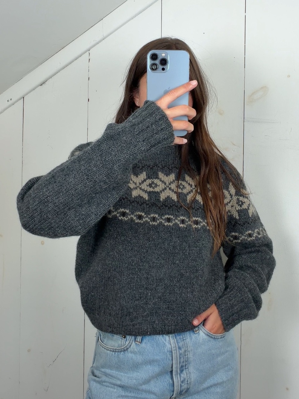 Vintage Abercrombie & Fitch Grey Wool Sweater Men’s L Fair Isle Chest Stripe Y2K
